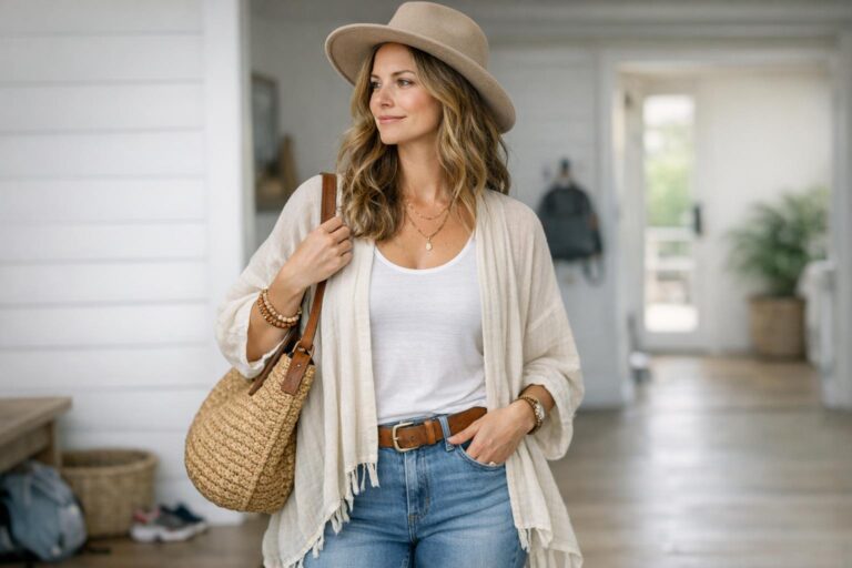 Modern hippie mom style outfit with breezy layers, clean lines, and a polished everyday look