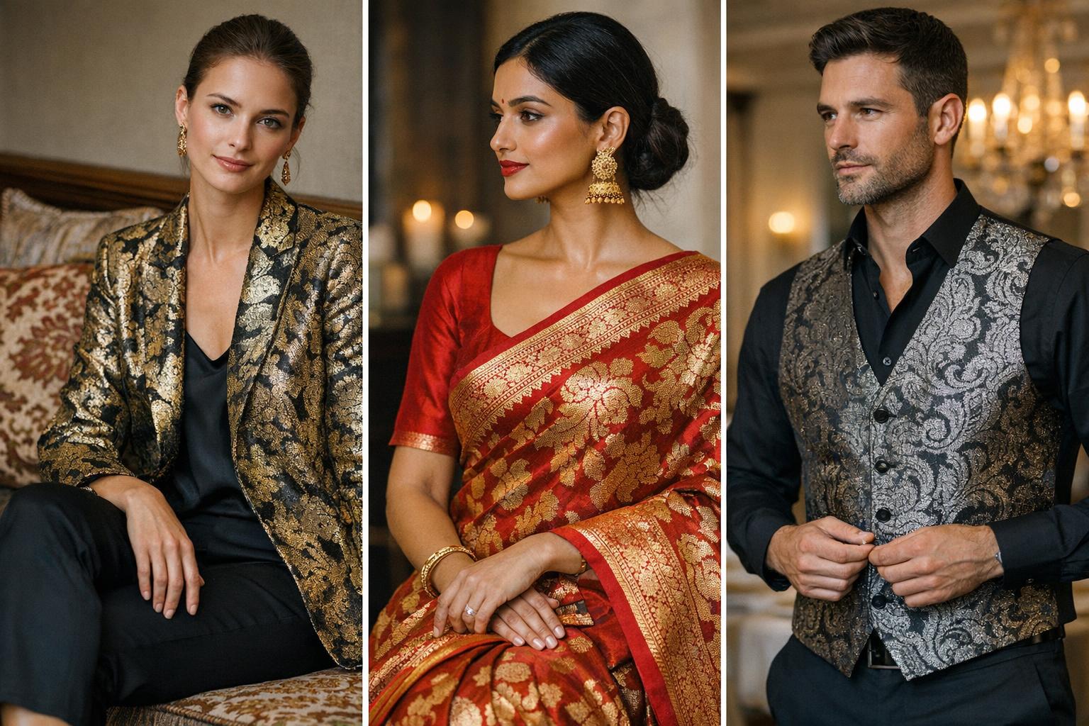 Styles for brocade fabric: modern wedding and night-out look with a tailored brocade jacket in soft metallic floral weave