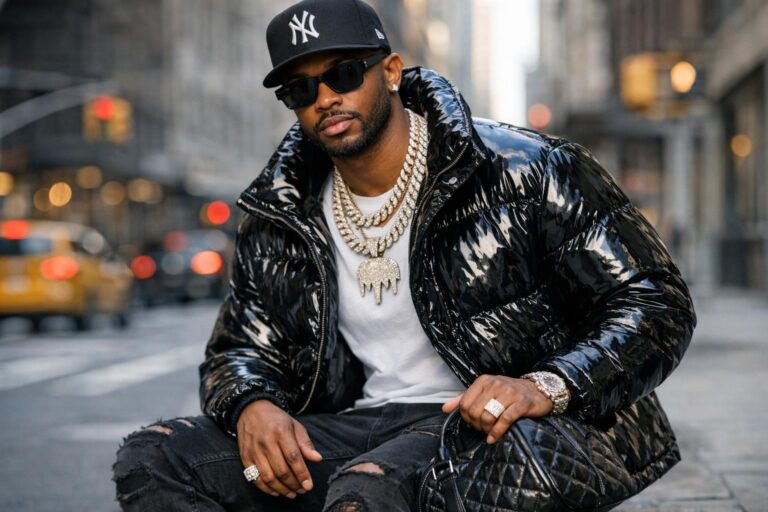 NYC drip style outfit with layered streetwear, bold sneakers, and clean proportions on a city sidewalk