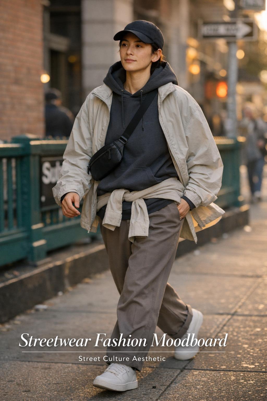 Streetwear fashion moodboard photo of a stylish young adult walking near a NYC subway entrance at golden hour