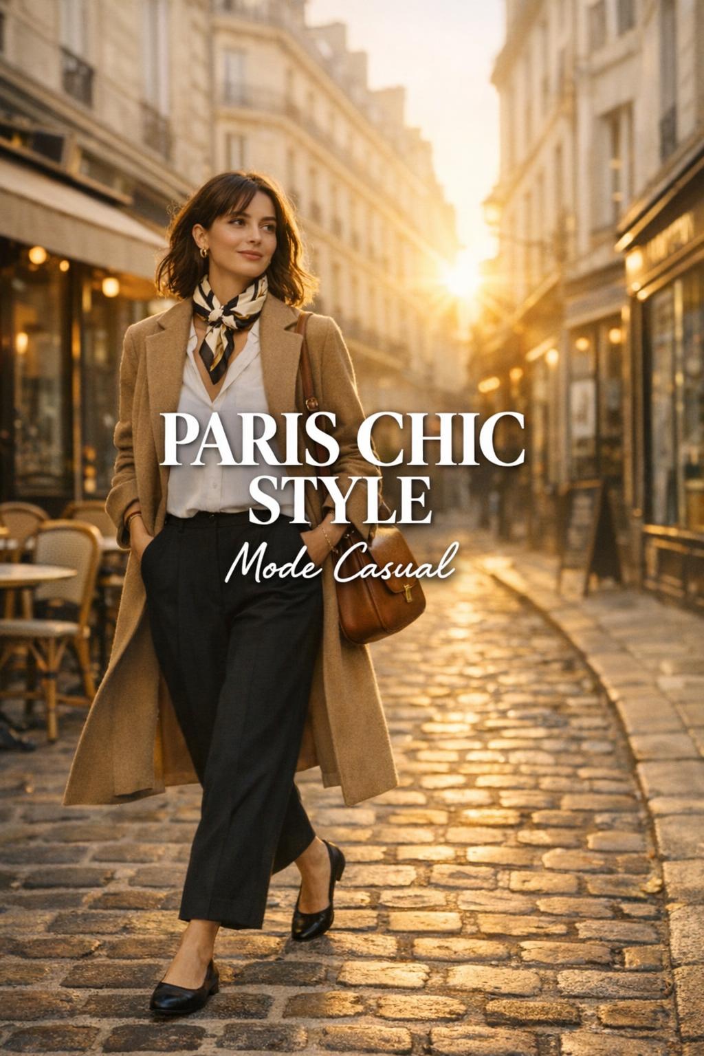Paris chic style outfit on a calm golden-hour Paris street, woman in camel coat with crossbody bag walking by café