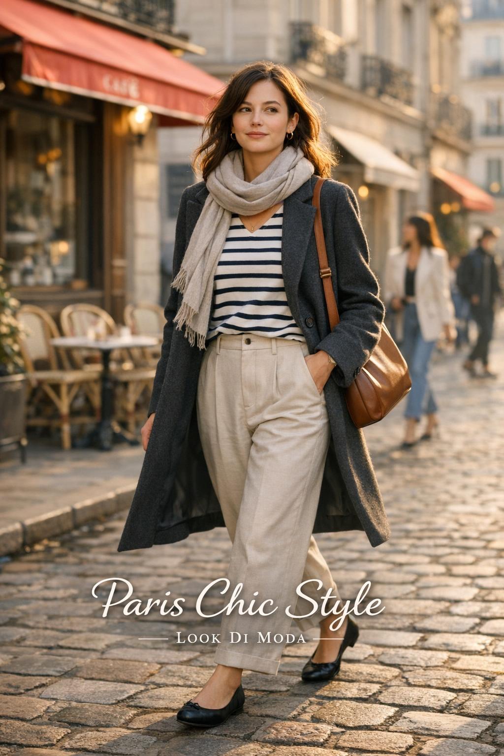 Paris chic style street photo of a woman in a trench coat walking near a Paris cafe in golden morning light