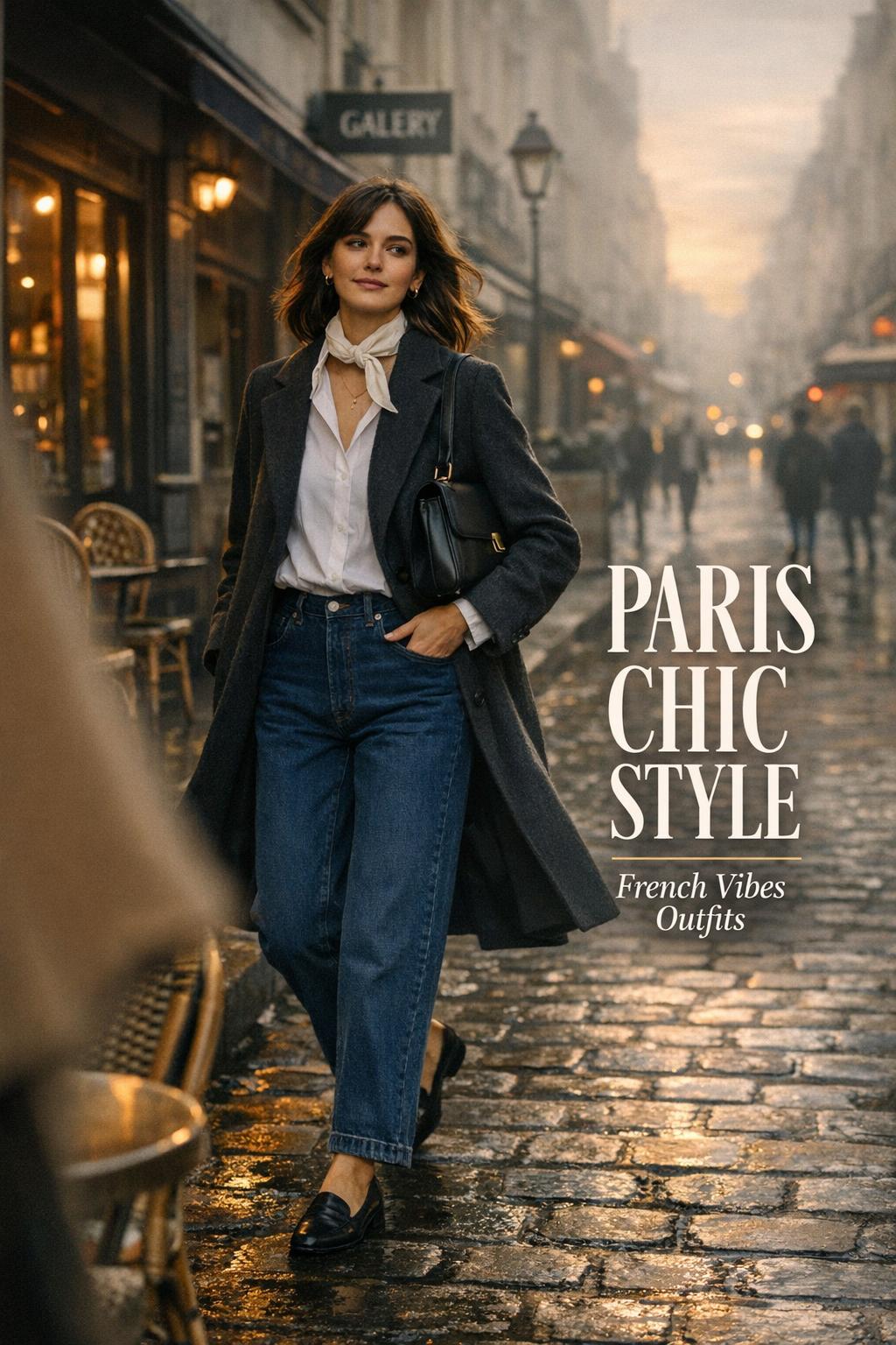 Paris chic style street fashion in Paris Fashion Week, woman in trench coat walking on damp cobblestones by a cafe