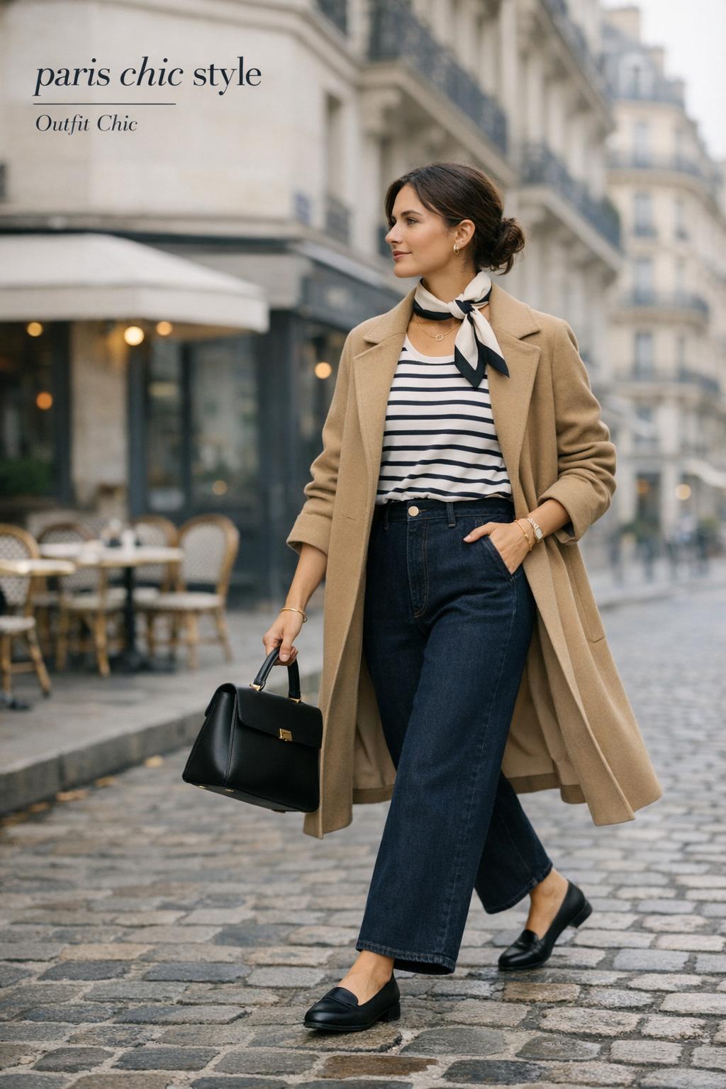 Paris chic style street fashion photo of a woman in beige trench coat walking near a quiet Paris cafe on cobblestones