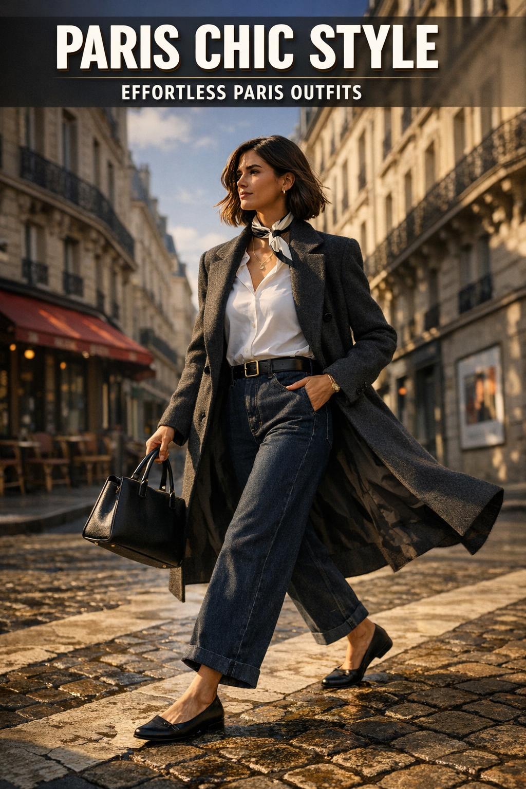 Street style portrait showcasing paris chic style with tailored coat, beret, and effortless elegance near a Paris cafe