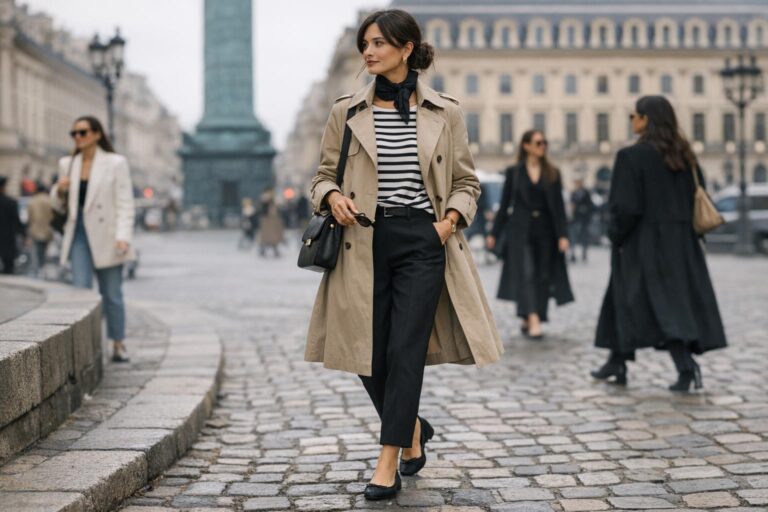 Paris chic style outfit with trench coat, Breton stripes, tailored trousers, and ballet flats on a Paris street