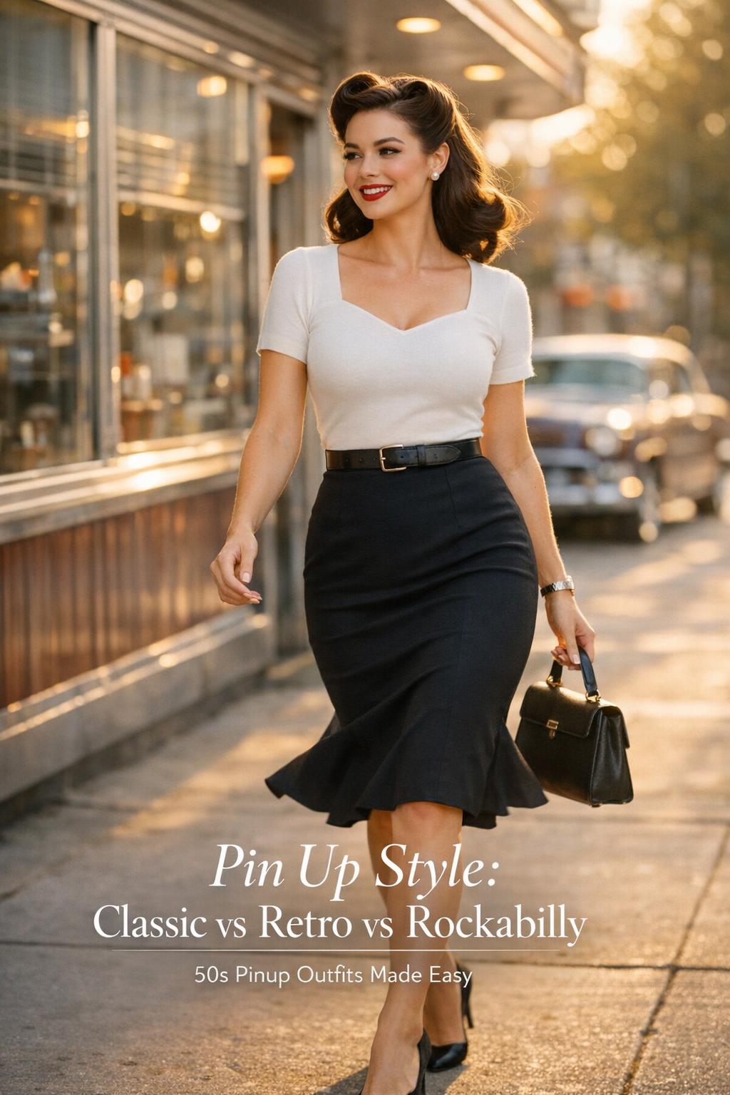Pin up style outfit on a woman in a black pencil skirt walking past a sunlit mid-century diner on a city sidewalk