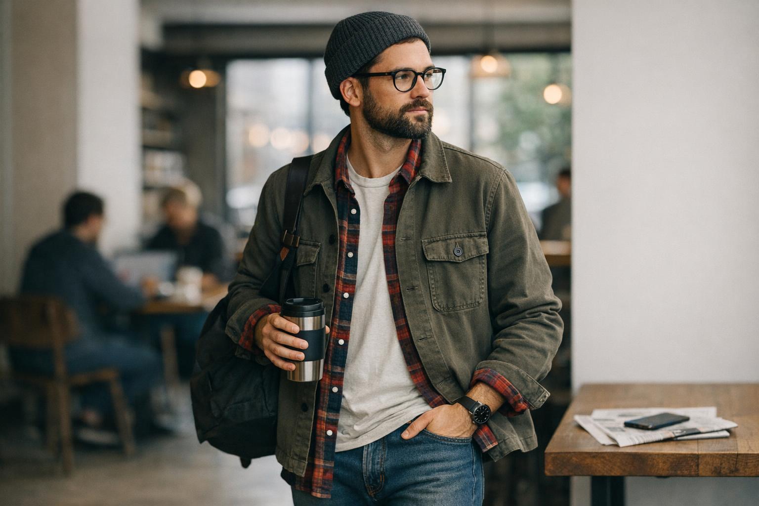 Polished hipster style outfit with denim jacket, flannel layer, straight-leg jeans and boots on a city commute