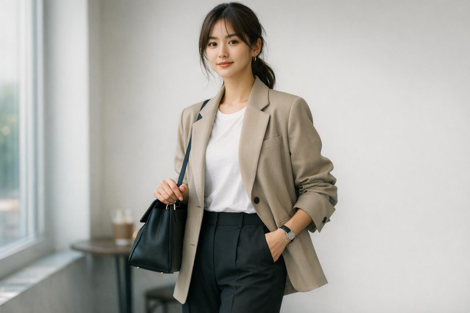 Polished korean style outfits with blazer, knit top, and straight-leg denim for commuting and weekends
