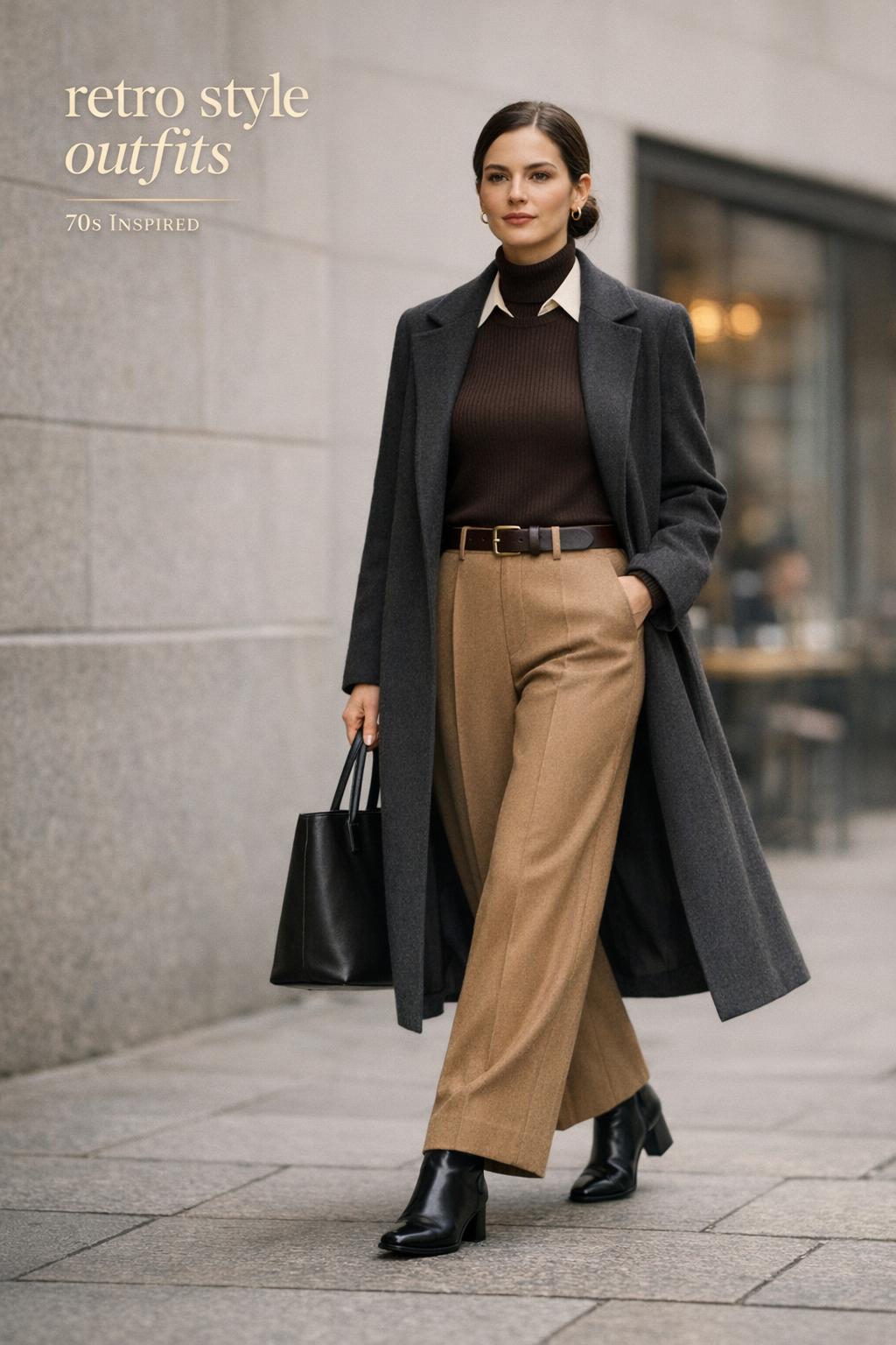 Retro style outfits on a city sidewalk: model in camel wide-leg trousers, espresso turtleneck, charcoal coat and ankle boots.
