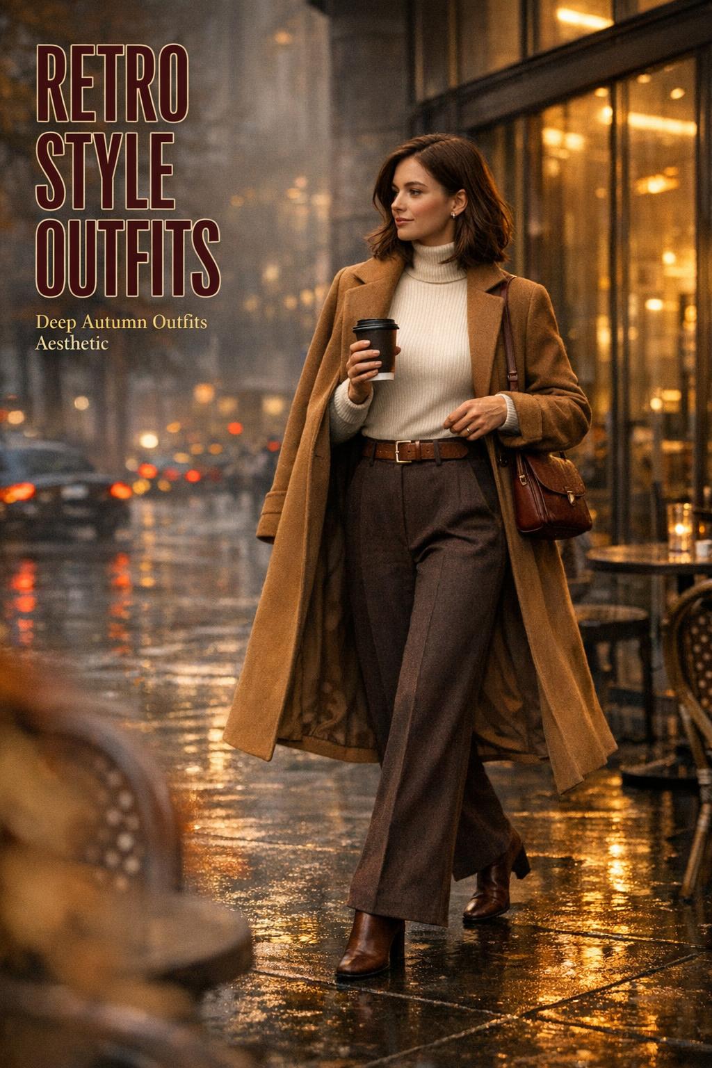 Retro style outfits on a stylish woman in a camel coat walking past a wet sidewalk café in deep autumn city light