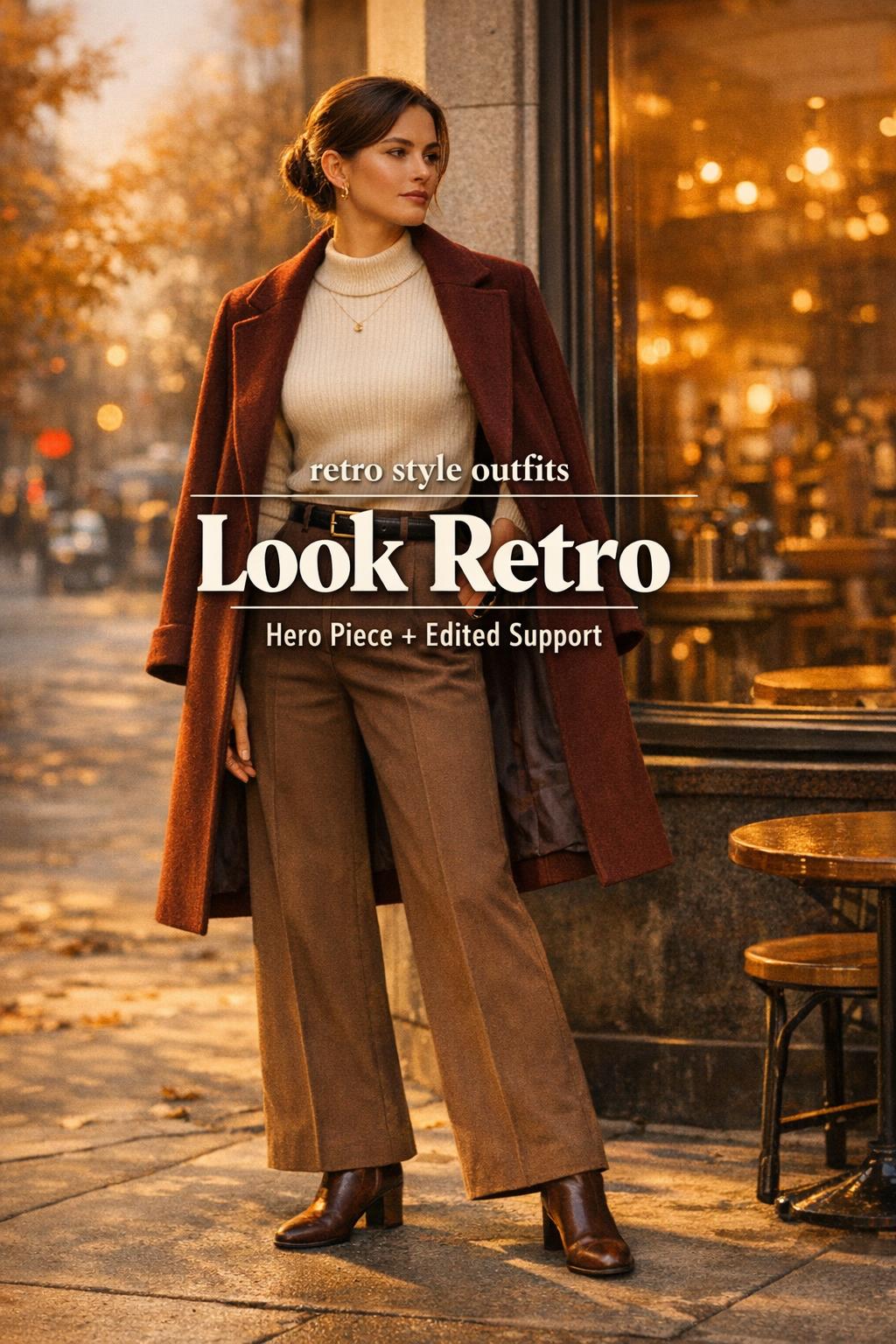Retro style outfits on a modern city sidewalk: stylish woman in camel trousers, ivory knit and wool coat at golden hour