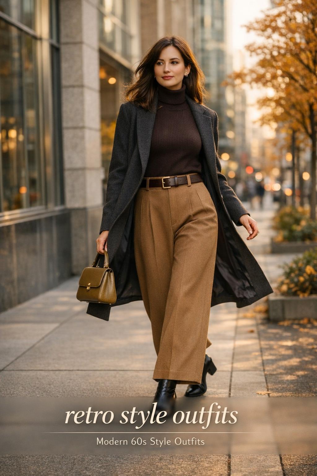 Retro style outfits in modern city street fashion with woman in camel wide-leg trousers and charcoal coat at golden hour