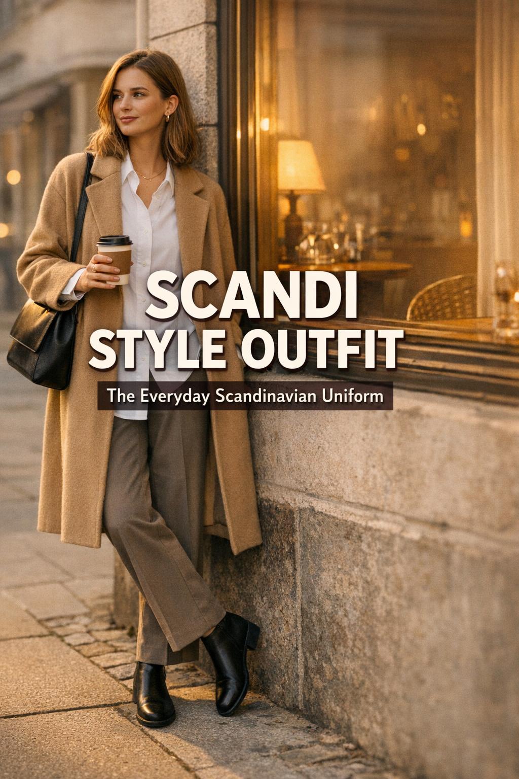 Scandi style outfit with woman in camel coat and oversized shirt outside a Copenhagen cafe at golden hour