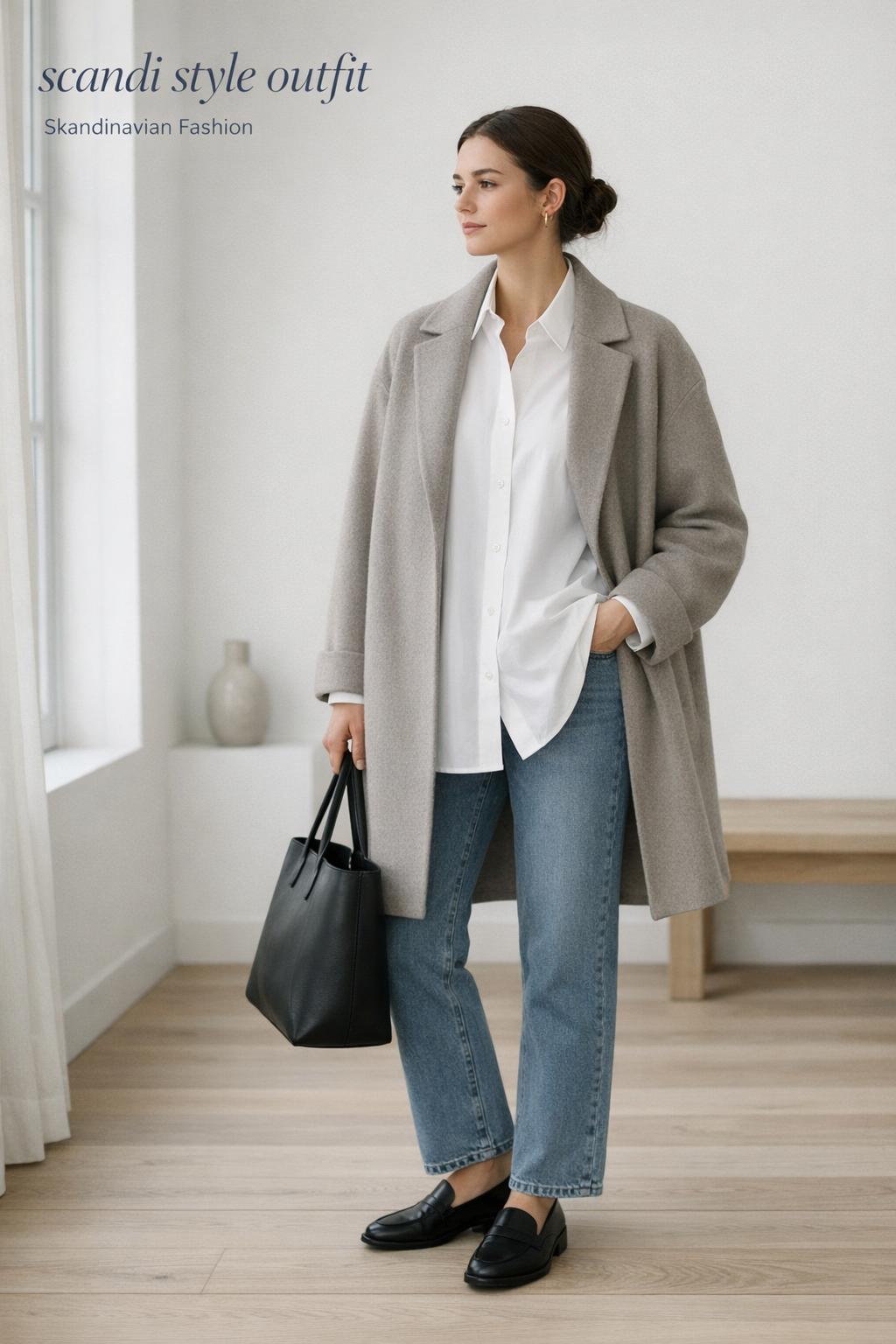 Scandi style outfit in Copenhagen-inspired minimalist interior with white shirt, taupe coat, straight-leg jeans, and black loafers