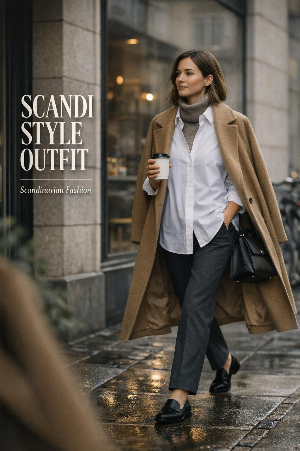 Scandi style outfit street-style in Copenhagen: woman in camel coat, white shirt and charcoal trousers outside modern cafe