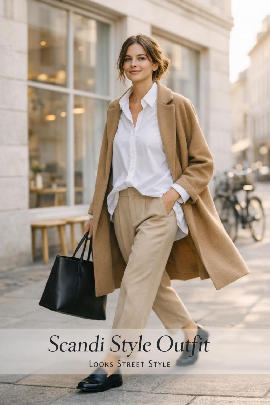 Scandi style outfit on a woman walking past a minimalist Copenhagen cafe in morning golden light