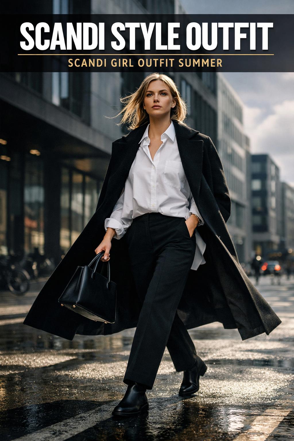 Scandi style outfit with minimalist layered knitwear, straight-leg jeans, and neutral tones on a city street