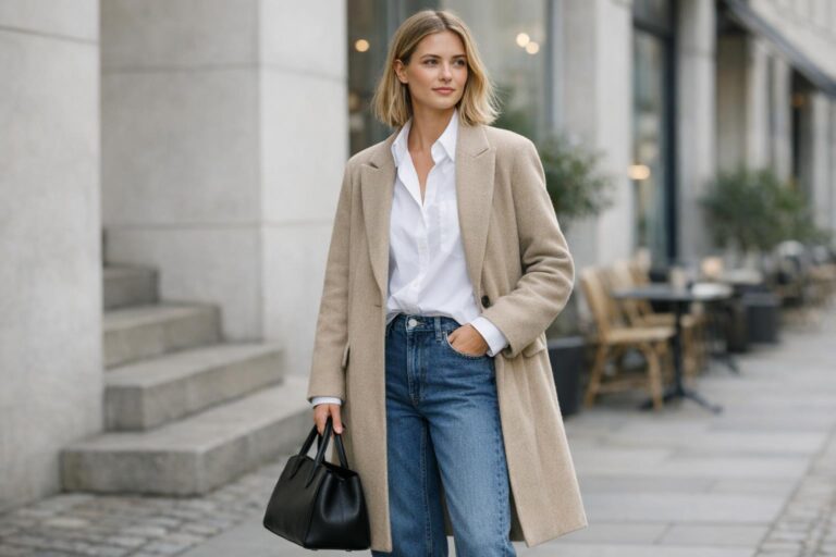 Scandi style outfit with oversized shirt, straight jeans, neutral knit and ankle boots in a minimalist street style look