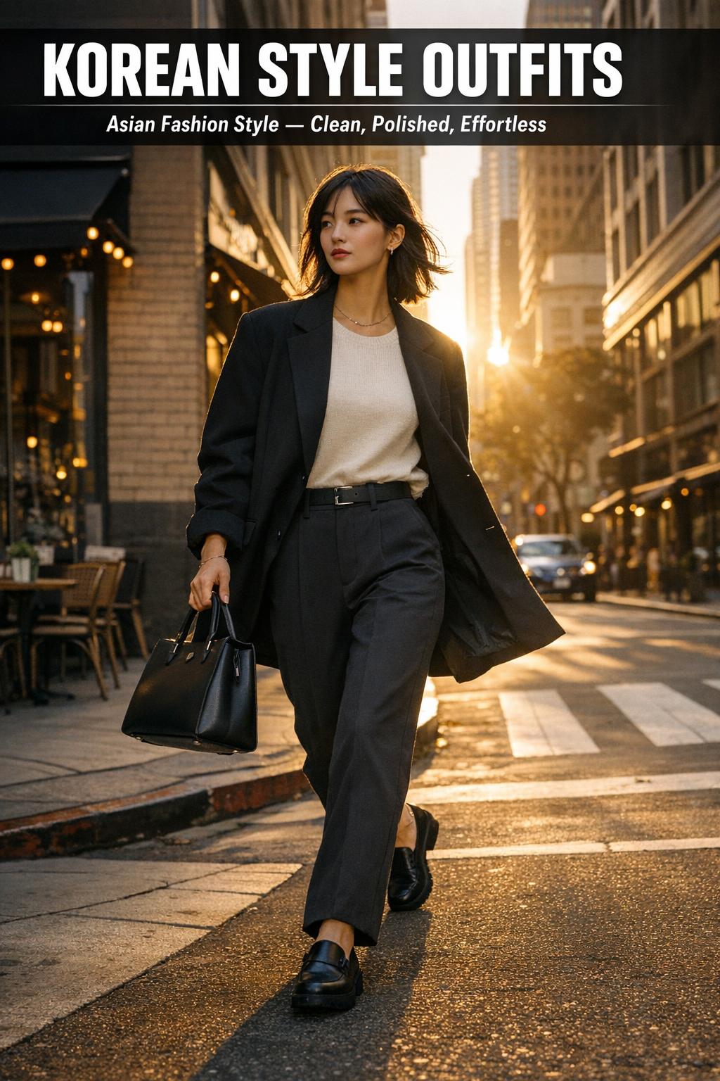 Street-style portrait featuring korean style outfits with layered jacket, pleated skirt, and sneakers in a city setting