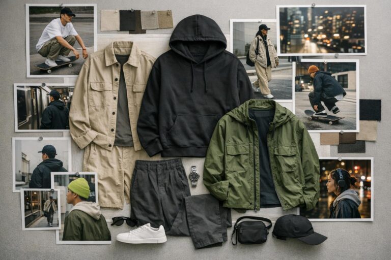 Streetwear fashion moodboard with city-ready outfits, nylon layers, canvas textures, and neon accents in a modern urban collage