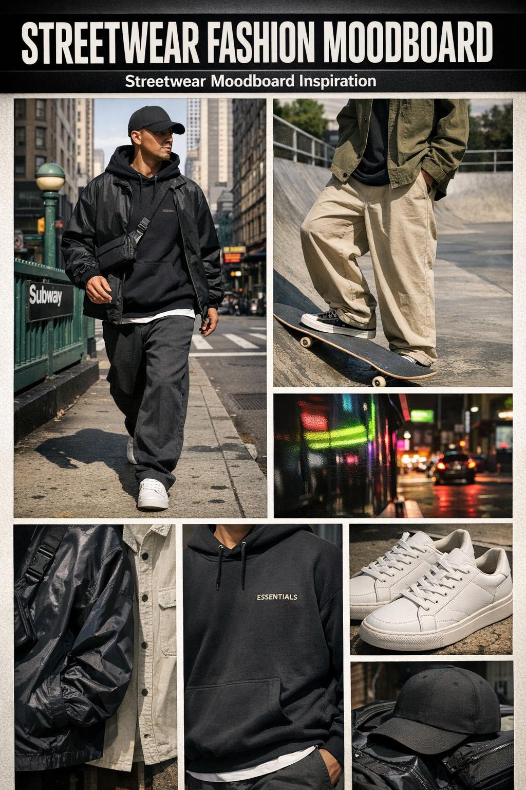Streetwear fashion moodboard with layered outfits, sneakers, caps, and neutral tones arranged on a studio table.