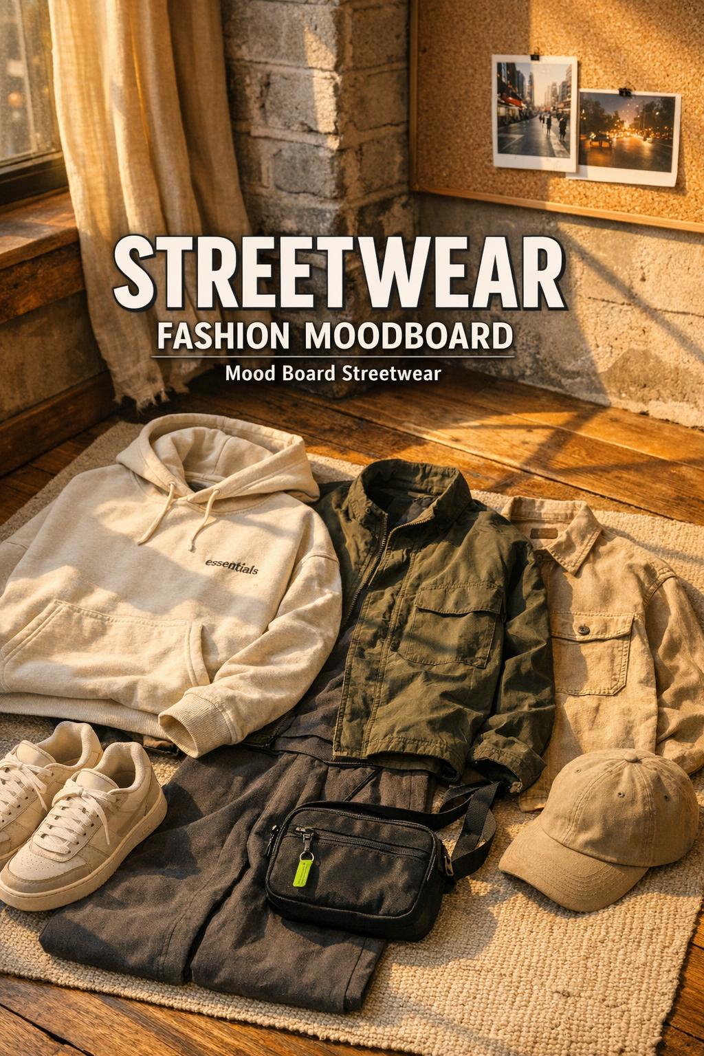 Streetwear fashion moodboard flat lay by a sunlit apartment window with hoodie, jacket, pants, sneakers, cap and bag
