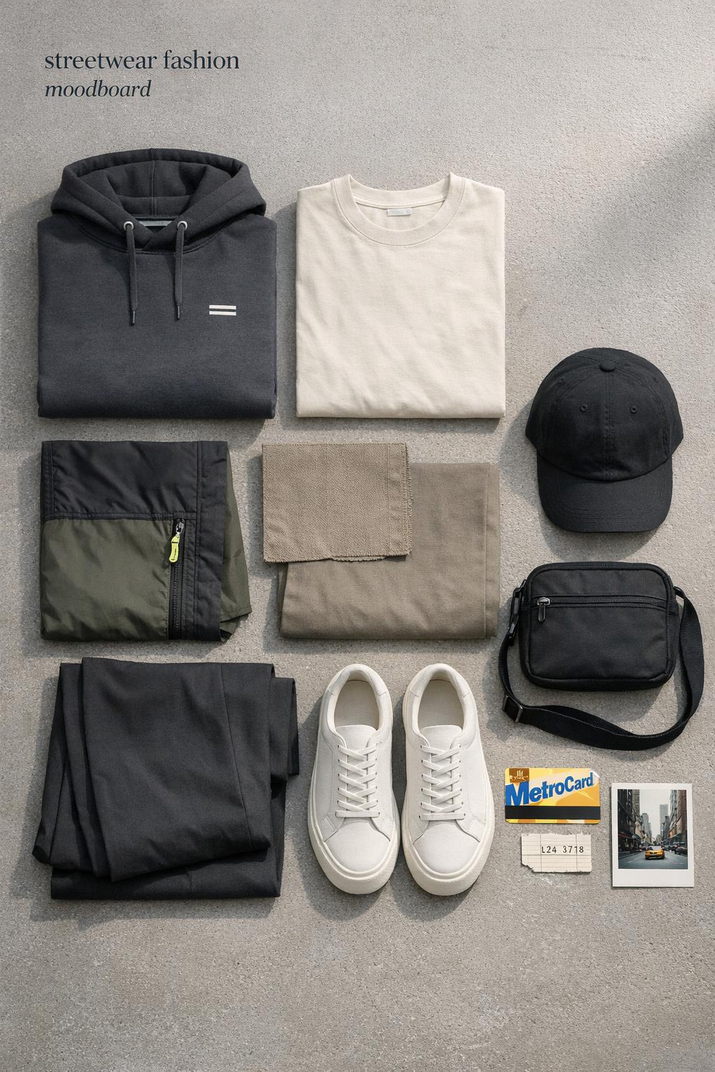 Streetwear fashion moodboard flat lay with hoodie, sneakers, cap and metro card on warm-gray concrete, minimalist editorial style