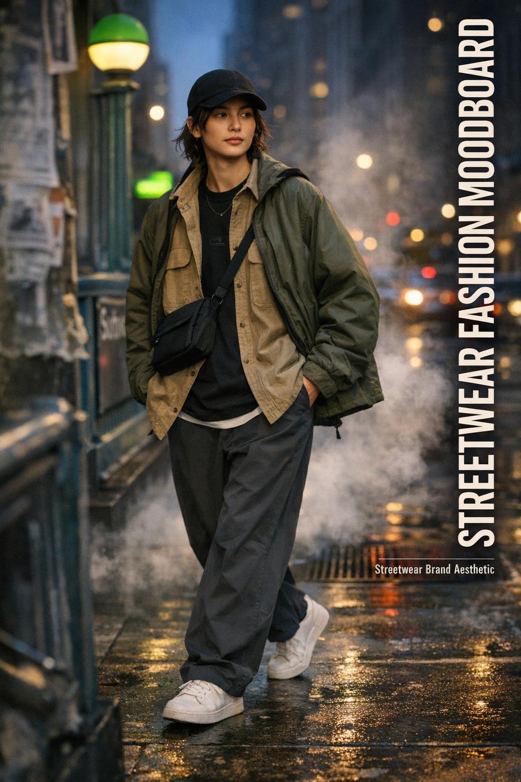 Streetwear fashion moodboard on NYC sidewalk at blue hour, model in earth-tone layers near subway entrance with cinematic bokeh