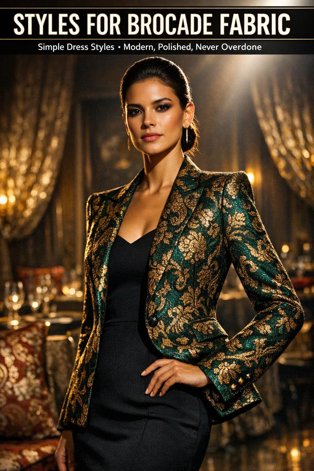 Styles for brocade fabric displayed in a close-up of richly patterned textile with metallic threads.