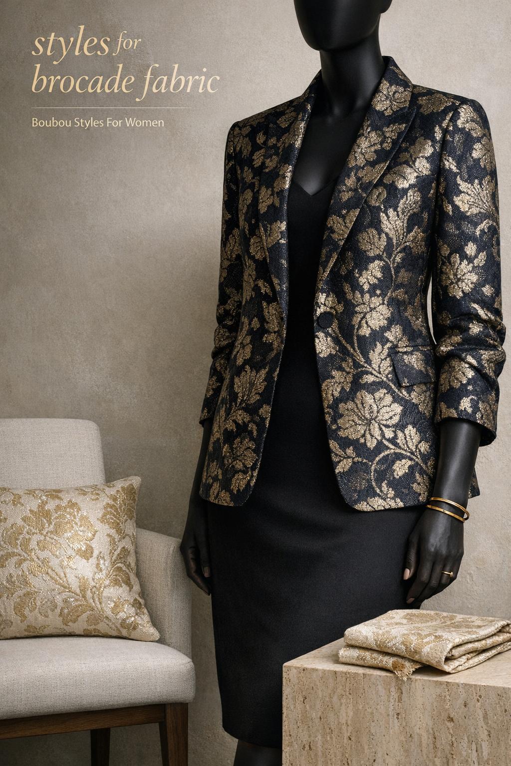 Styles for brocade fabric in a minimalist editorial interior, featuring an ivory brocade blazer on a mannequin with luxe texture.