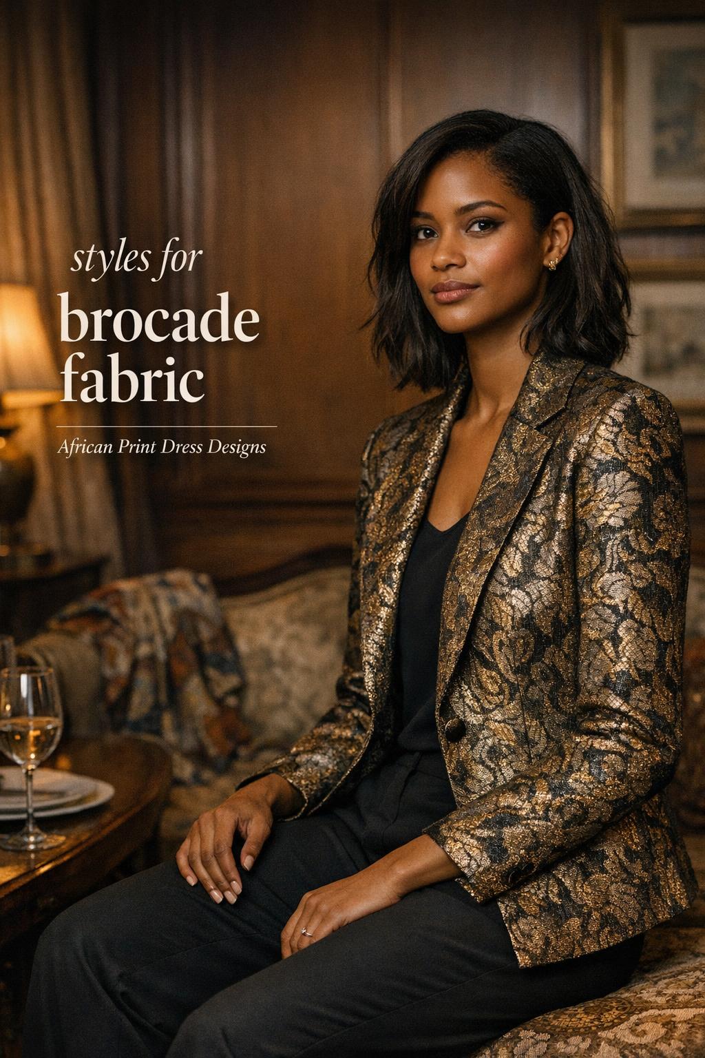 Styles for brocade fabric featured in a moody gallery dinner portrait of a woman in a metallic-thread brocade blazer