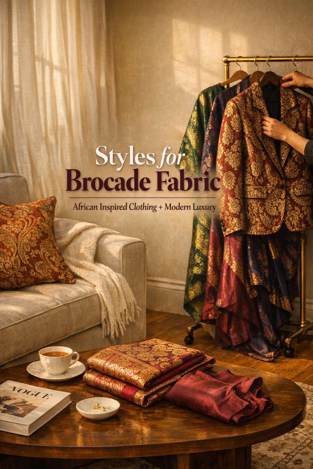 Styles for brocade fabric in a golden-hour dressing corner with brocade jacket, boubou gown, and folded saree