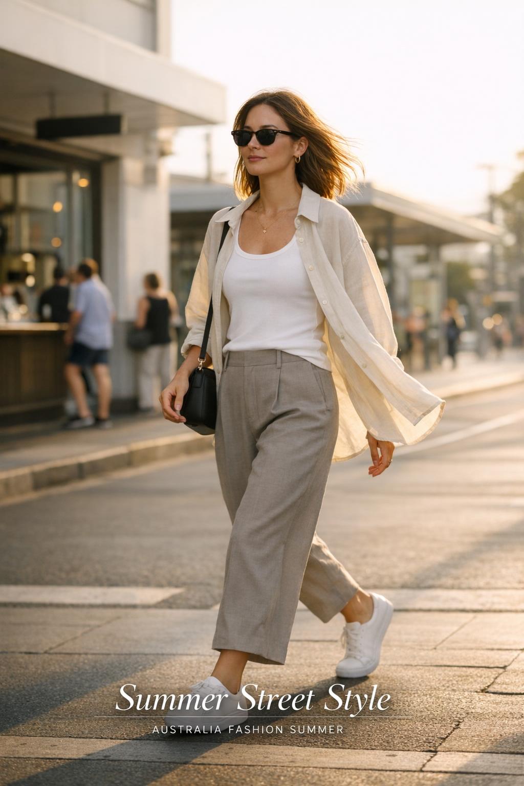 Summer street style in Australia: woman in white tank, sand overshirt and taupe shorts crossing a sunlit city sidewalk