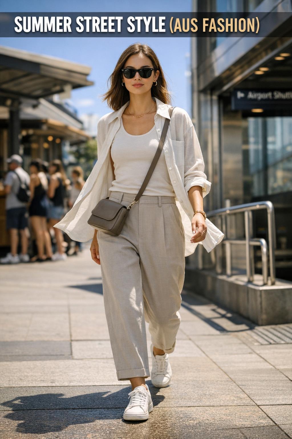 Summer street style photo of a fashionable woman walking in a sunlit city street