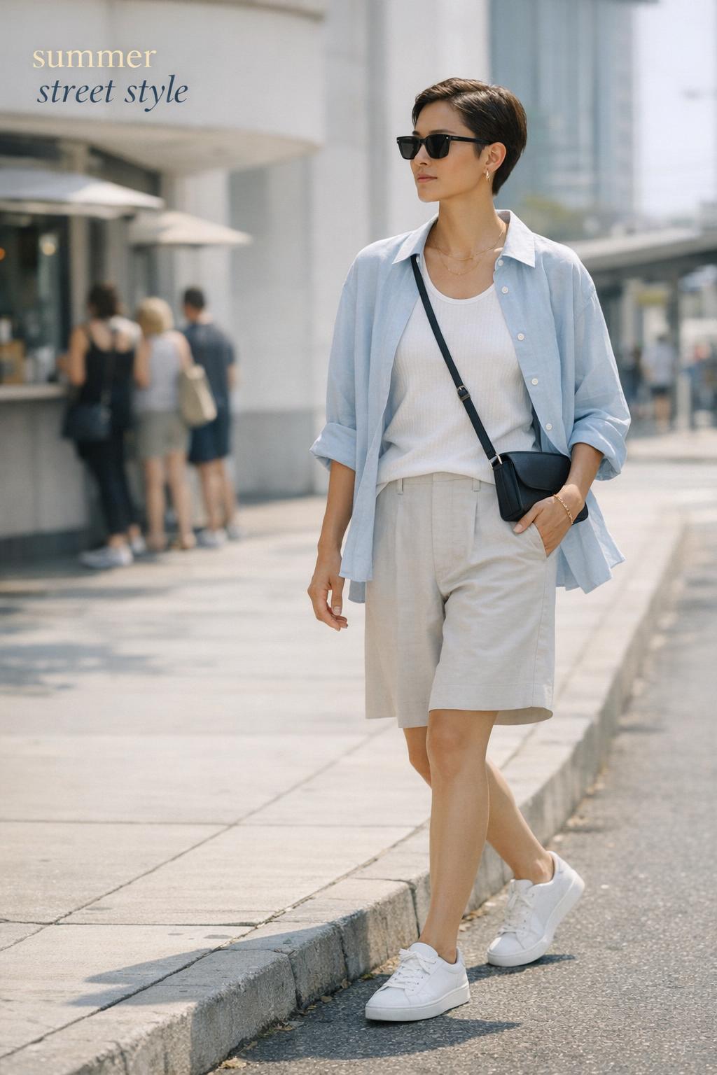 Summer street style in soft sun: minimalist neutral outfit with open overshirt, tailored shorts, crossbody bag and sunglasses.