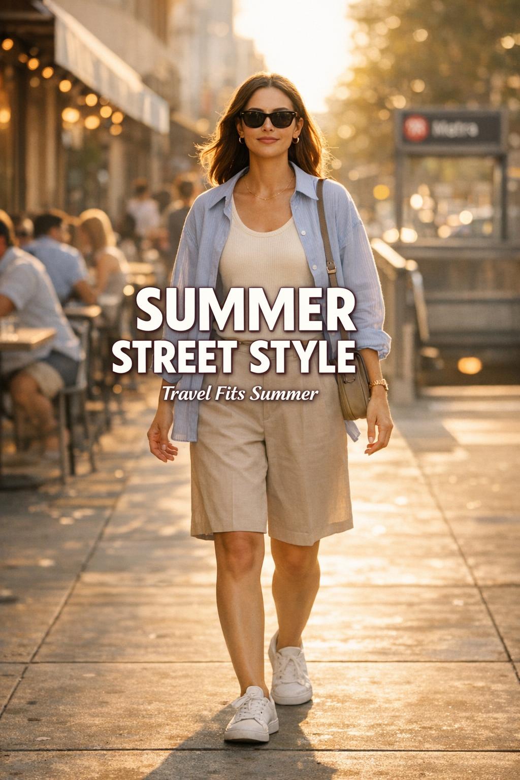 Woman walking in golden hour wearing summer street style neutrals with striped overshirt, tailored shorts, sneakers, and sunglasses