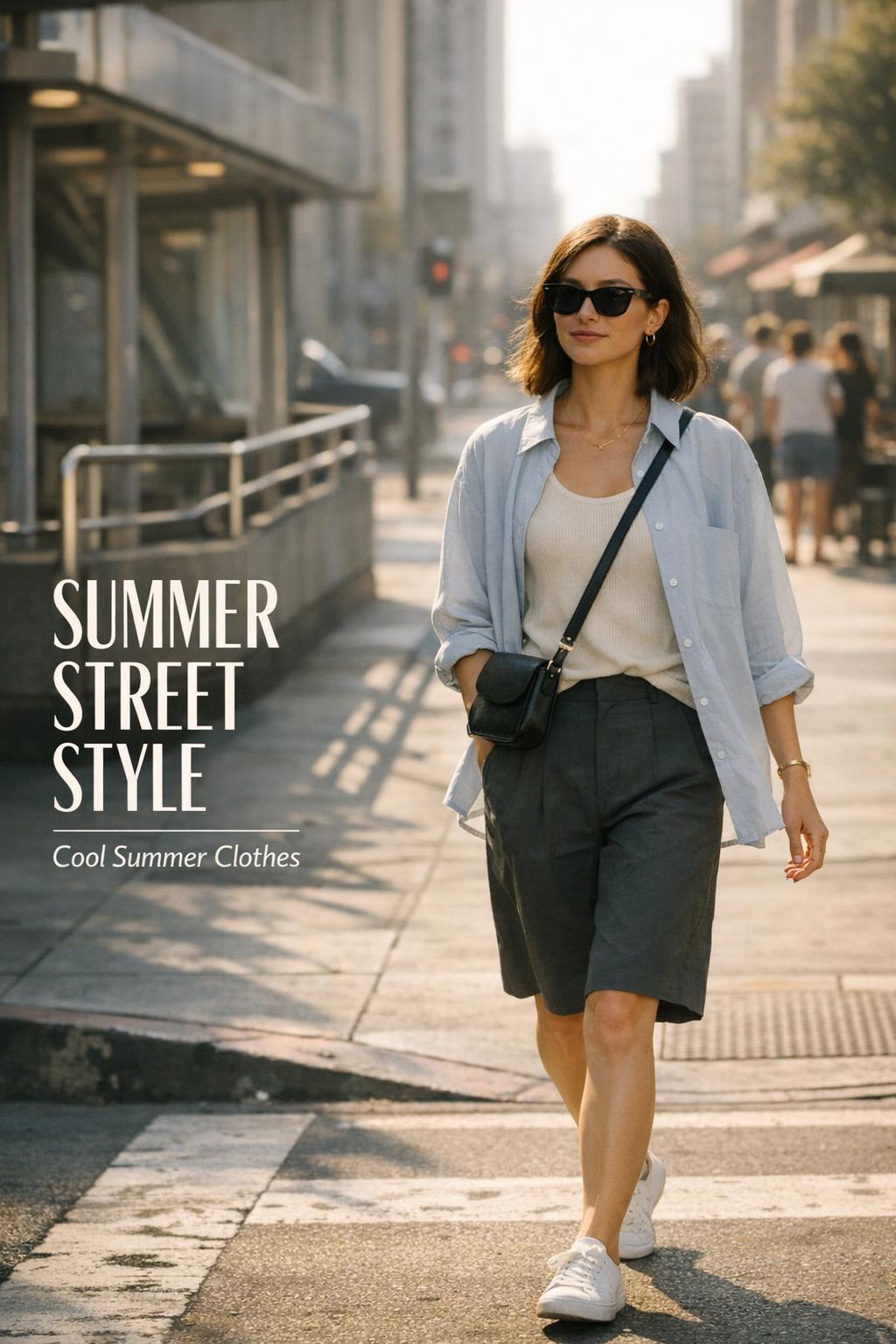 Summer street style outfit on a stylish woman walking on a sunlit city sidewalk near a transit entrance at golden hour