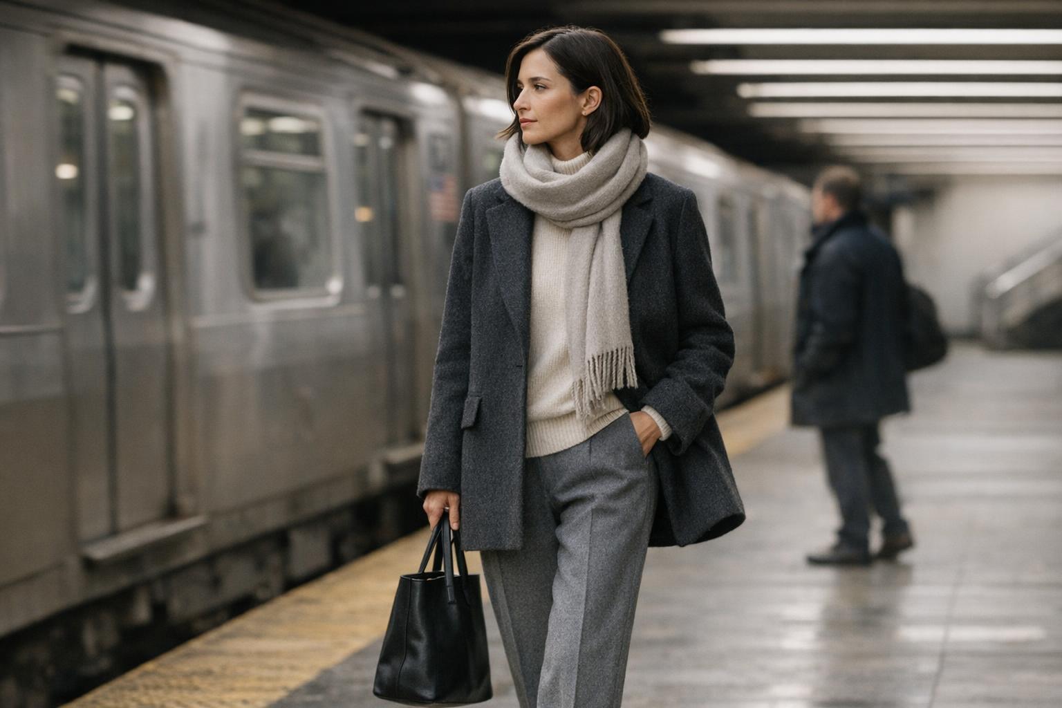 City commuter wearing a tailored wool fabric coat with tonal layers on a crisp winter street