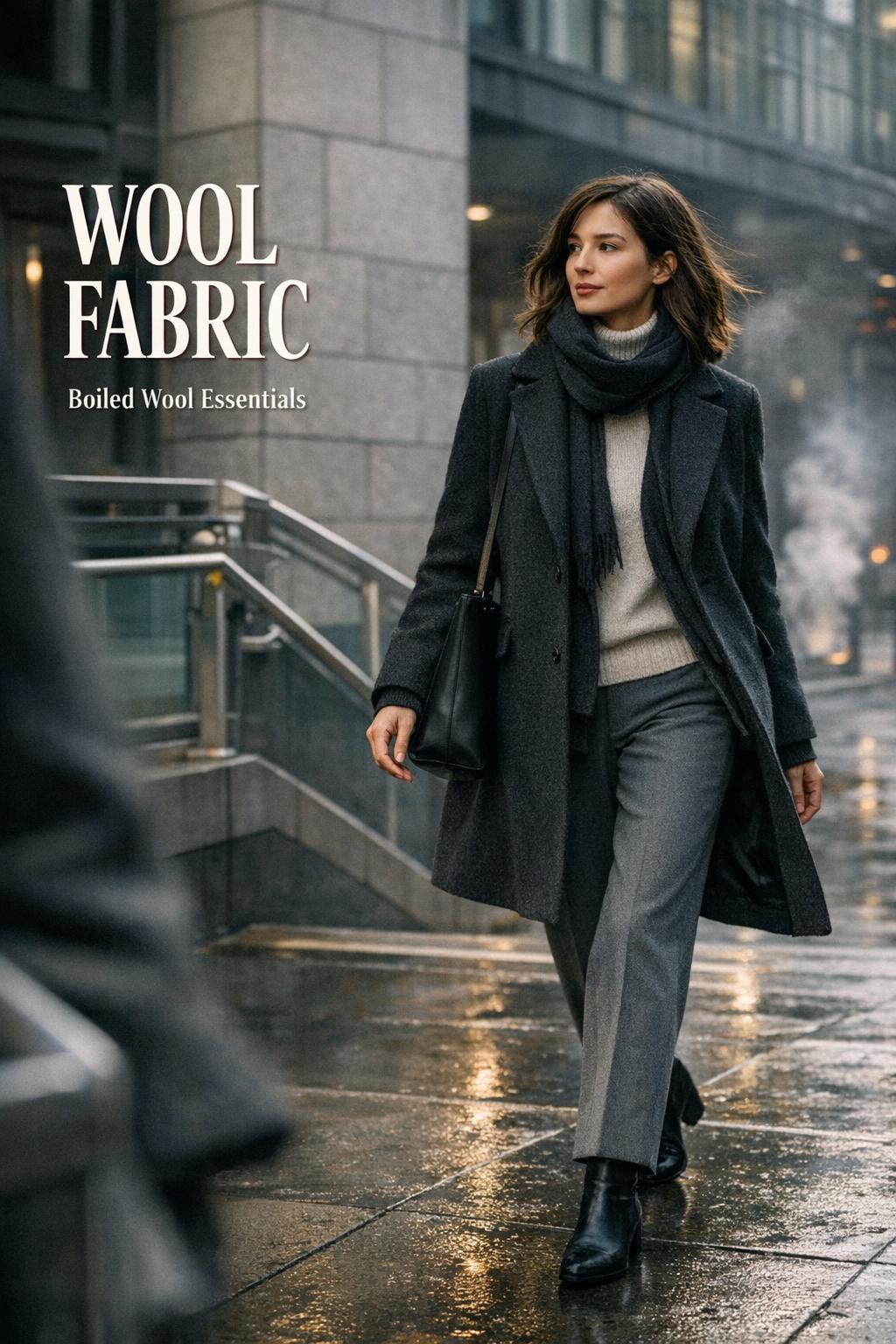 Stylish woman commuting on a city subway platform entrance wearing wool fabric layers in a moody cold morning scene