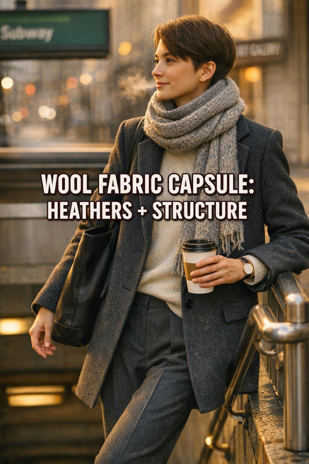 Wool fabric capsule outfit on a modern subway entrance at golden hour, featuring a heathered scarf and charcoal coat