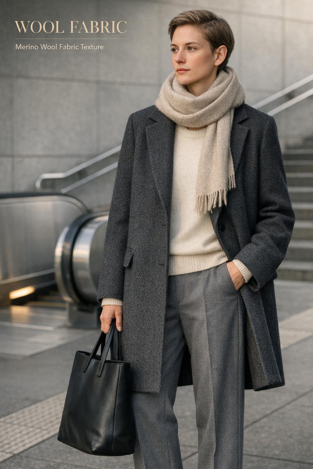 Wool fabric fashion photo of a minimalist charcoal wool coat and merino layer on a modern subway entrance morning