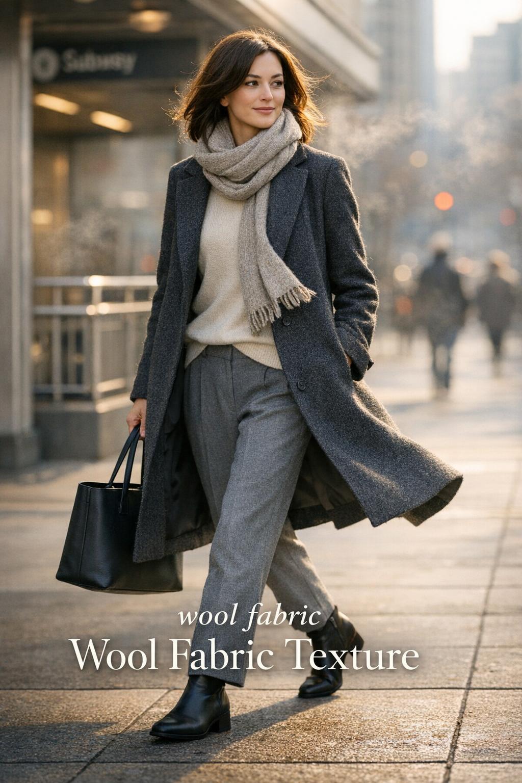 wool fabric texture on a charcoal wool coat worn by a stylish woman walking past a modern subway entrance at sunrise