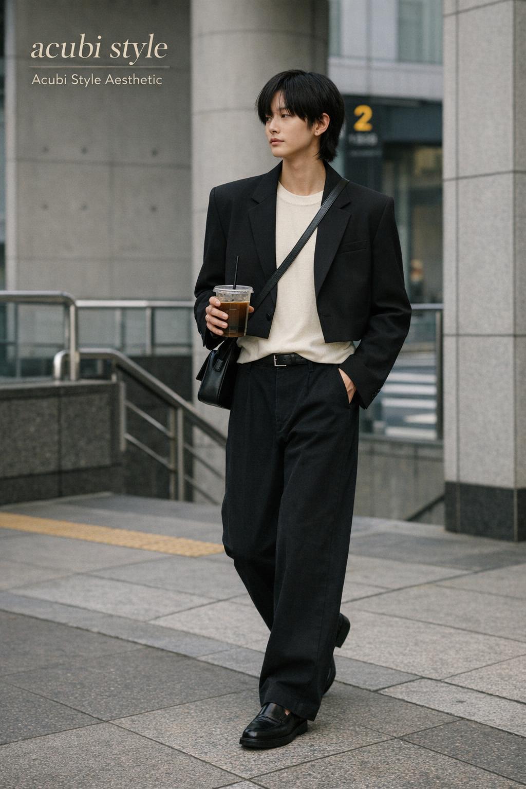 Acubi style streetwear look on a unisex model commuting outside a modern subway entrance, minimalist Korean utility layers
