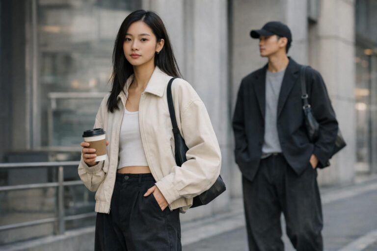 Acubi style outfit with clean layers and neutral tones, oversized jacket with wide-leg jeans in a minimalist streetwear look