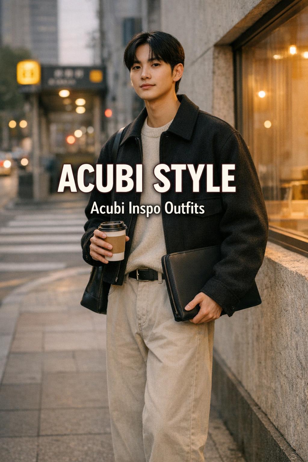 Acubi style streetwear outfit on a warm golden-hour coffee run, neutral layered look by a minimalist cafe window