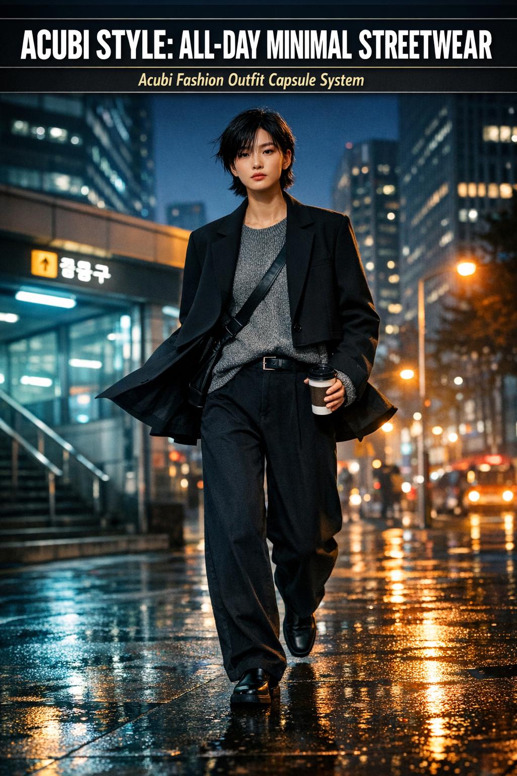 Acubi style outfit in a minimal urban street photo with neutral tones