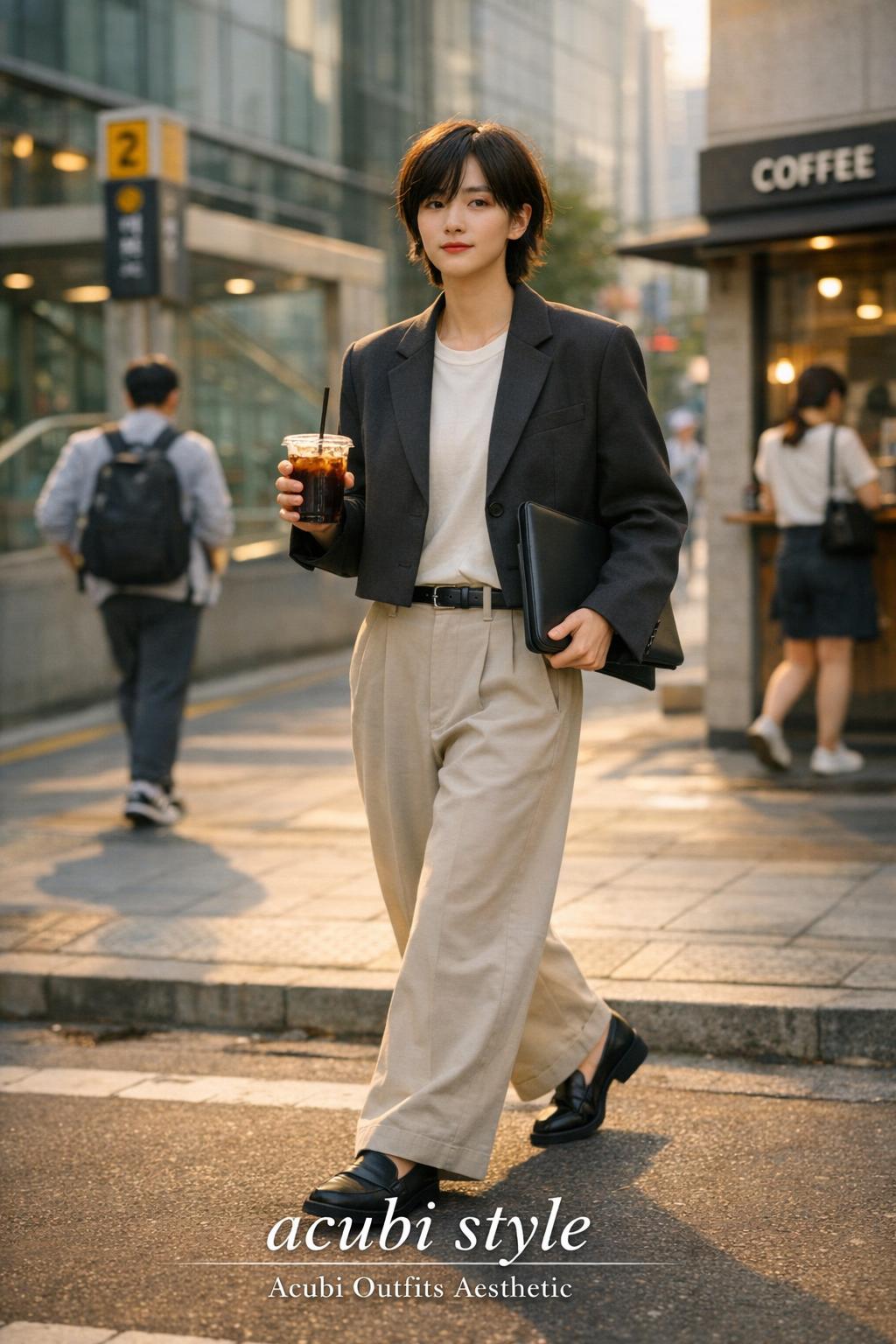 Acubi style streetwear look on a Seoul street commuter holding iced coffee and laptop sleeve in golden-hour light