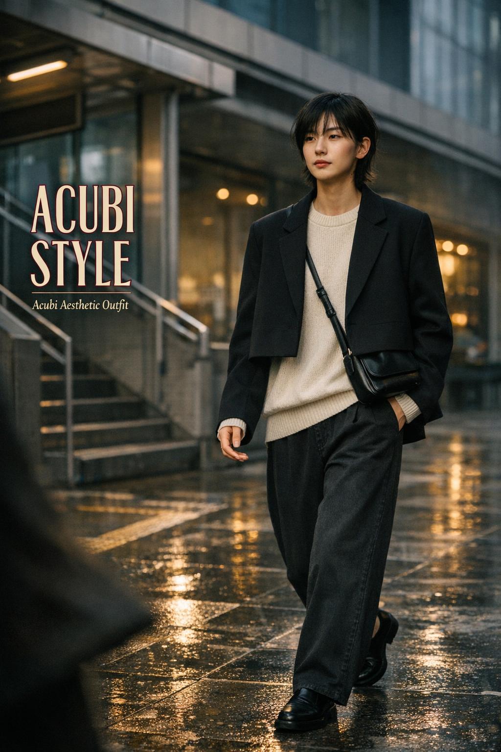 Acubi style streetwear outfit on an androgynous commuter outside a Seoul subway entrance after rain, minimalist editorial photo