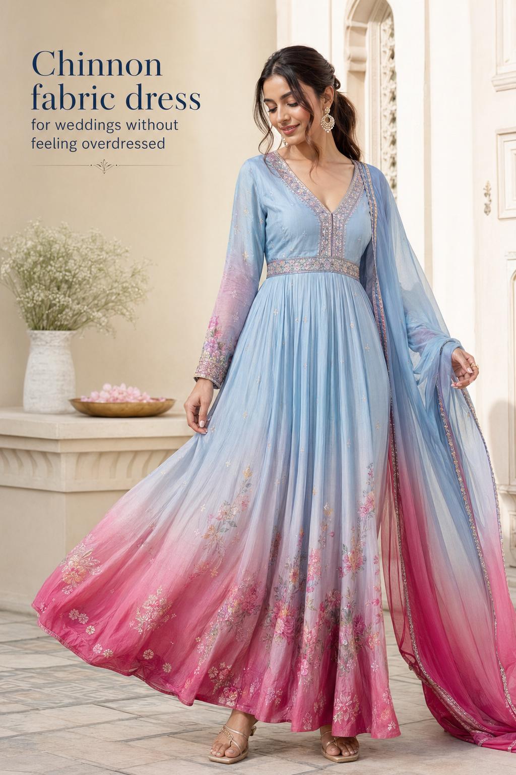 Woman in airy ombré chinnon fabric dress, powder blue to rani pink, in a modern neutral brunch setting with editorial text